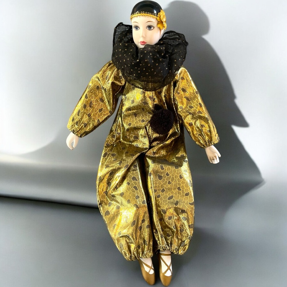 Vintage Porcelain Bisque Jester Doll 17" Hand Painted Gold Lamé w/Black Ruffle